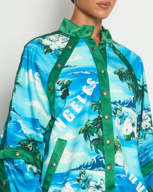 Gucci Blue 
Green Palm Tree Print Bomber Jacket with Detachable Sleeve Cuff Details IT 40 (UK 8)