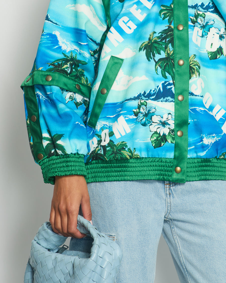 Gucci Blue 
Green Palm Tree Print Bomber Jacket with Detachable Sleeve Cuff Details IT 40 (UK 8)