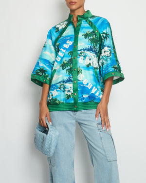 Gucci Blue 
Green Palm Tree Print Bomber Jacket with Detachable Sleeve Cuff Details IT 40 (UK 8)