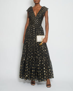 Temperely Black, Gold Metallic Star Print Maxi Tiered Dress Size FR 38 (UK 10)