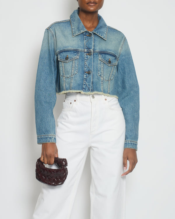 Palm Angels Blue Denim Cropped Jacket with Frayed Edges Size FR 36 (UK 8)