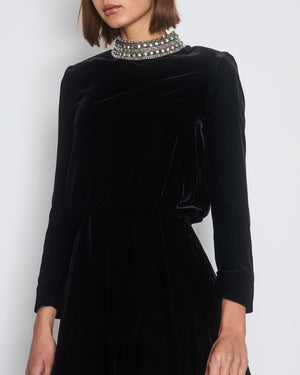 Saint Laurent Black Suede Long-Sleeve Mini Dress with Crystal Embellished Collar Detail Size FR 36 (UK 8)