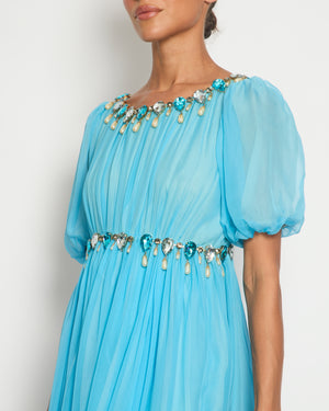 Dolce 
Gabbana Light Blue Silk Mini Dress with Crystal and Pearl Pendants Size IT 42 (UK 10)