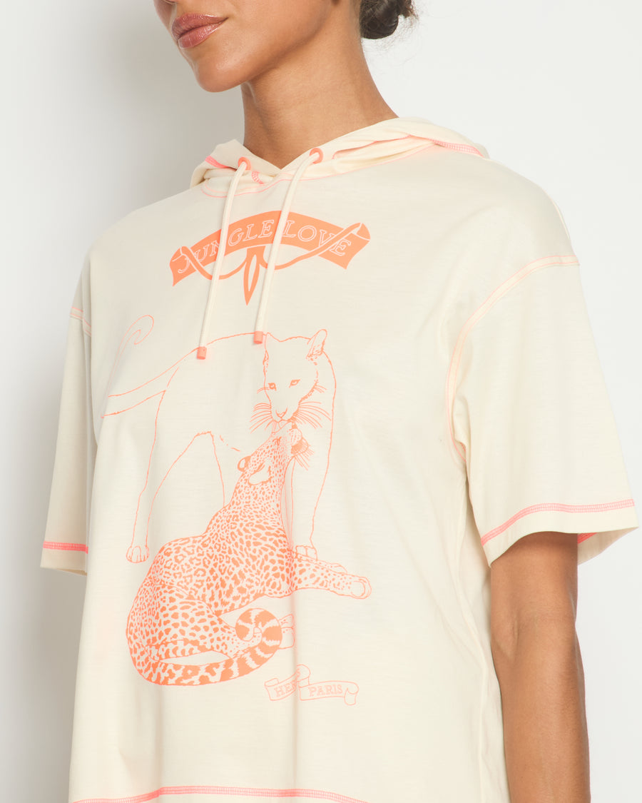 Hermès Cream and Neon Orange Jungle Love Hooded T-Shirt Size FR 36 (UK 8)