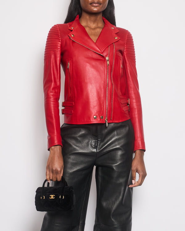 Givenchy Red Lambskin Leather Biker Jacket with Buckle Details Size FR 34 (UK 6)