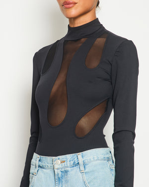 David Koma Black Bodysuit with Cut-out Mesh Details Size UK 8