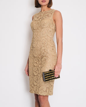 Prada Metallic Gold Sleeveless Floral Crochet Midi Dress Size IT 38 (UK 6)