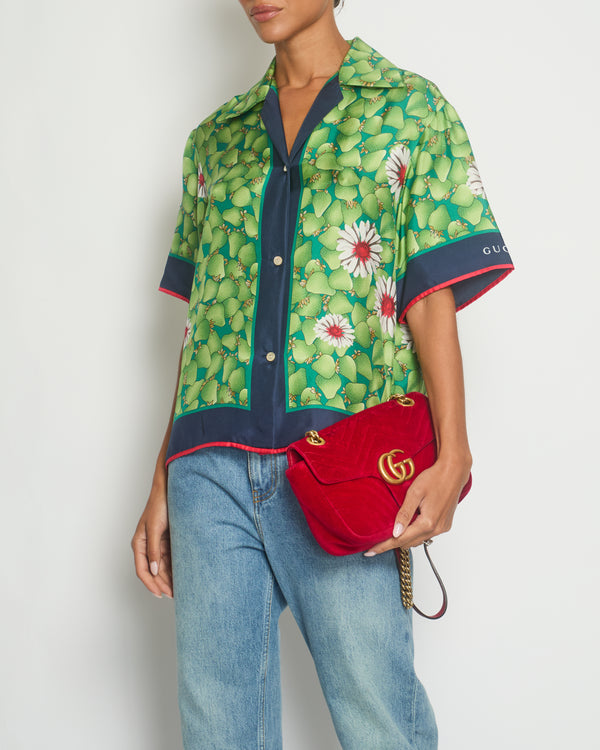 Gucci Green Strawberry Bowling Shirt with Floral Detail Size IT 38 (UK 6)