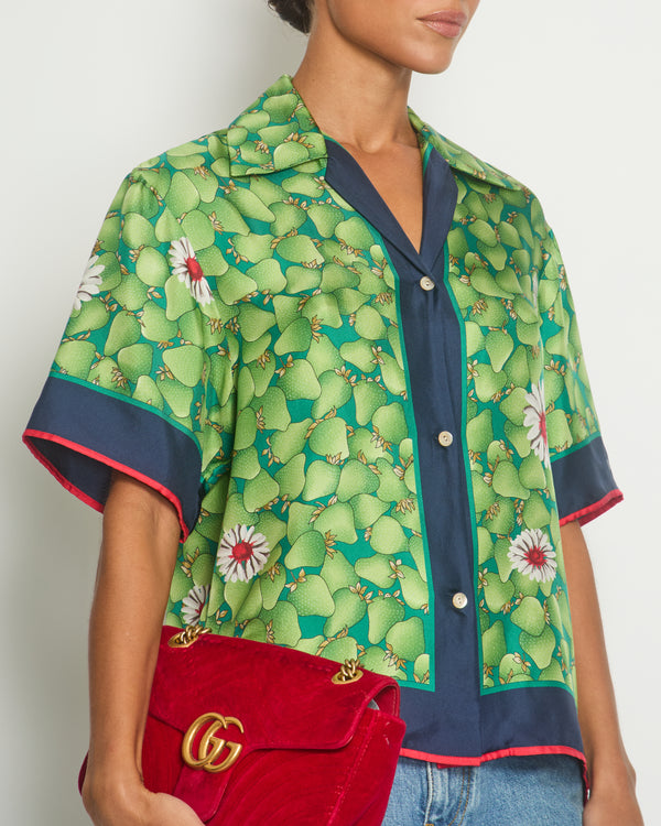 Gucci Green Strawberry Bowling Shirt with Floral Detail Size IT 38 (UK 6)