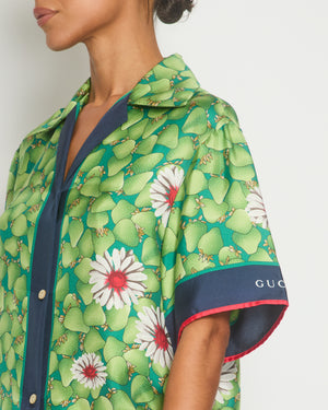 Gucci Green Strawberry Bowling Shirt with Floral Detail Size IT 38 (UK 6)