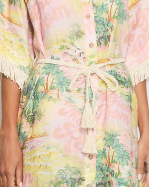 Zimmermann Pink Mid-Sleeve Palm Tree Print Dress with Fridge Tassel Detail Size 1 (UK 10)