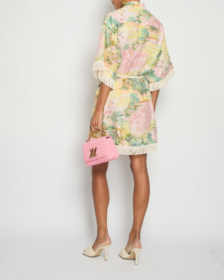 Zimmermann Pink Mid-Sleeve Palm Tree Print Dress with Fridge Tassel Detail Size 1 (UK 10)