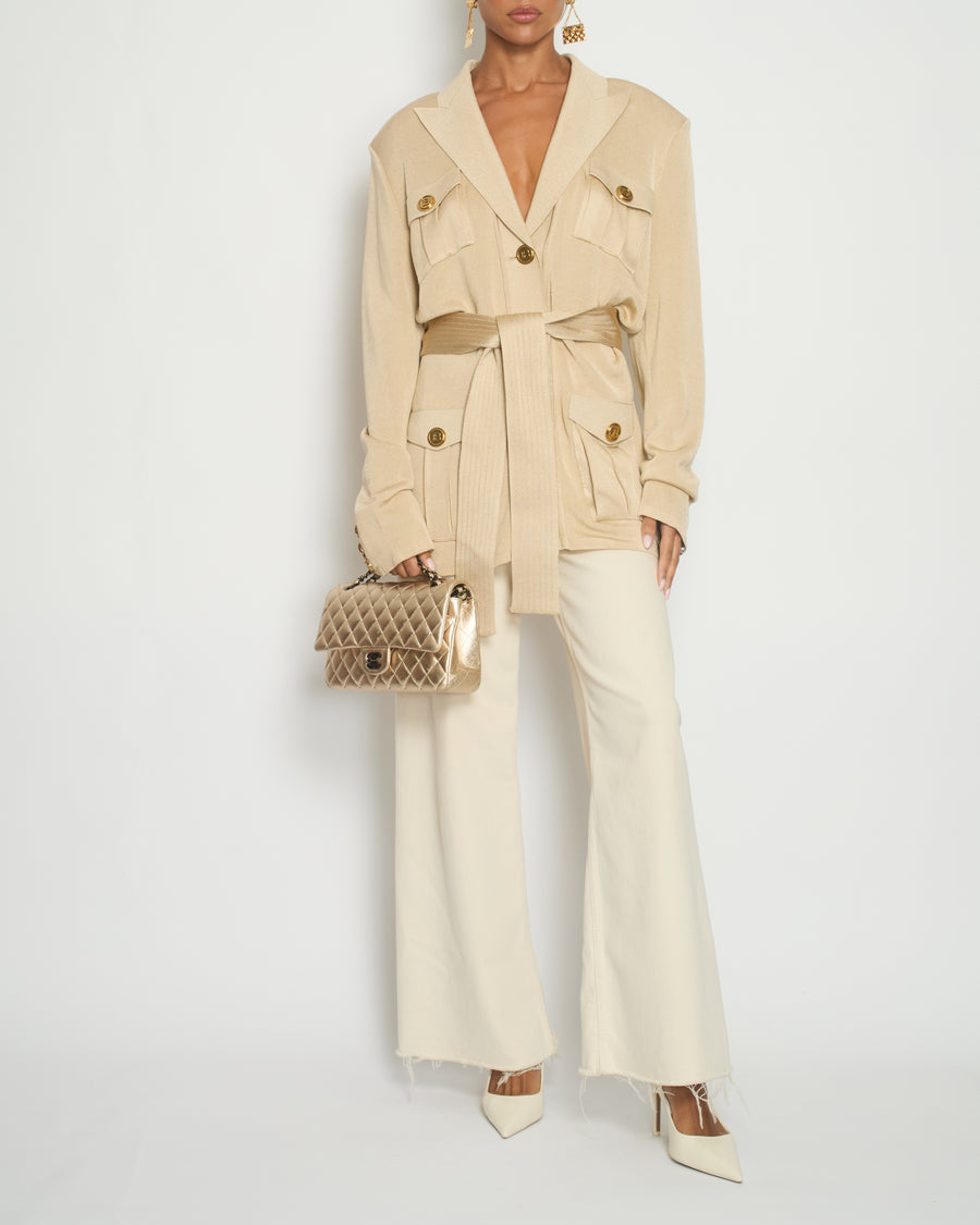 Balmain Beige Longline Belted Jacket with Gold Button Pocket Detail Size FR 46 (UK 18)