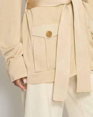 Balmain Beige Longline Belted Jacket with Gold Button Pocket Detail Size FR 46 (UK 18)