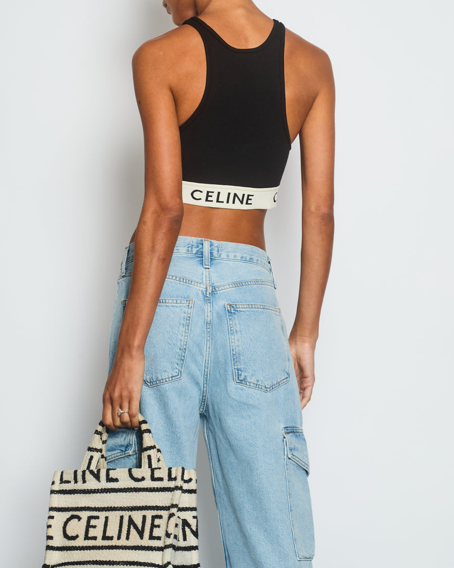 Celine Black Cropped Ribbed Vest with Elastic Waist Logo Size XL