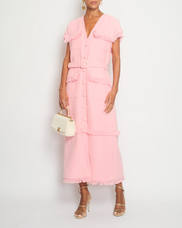 Huishan Zhang Pink Tweed Sleeveless Dress with Frilled Pockets 
Belt Details FR 40 (UK 12)