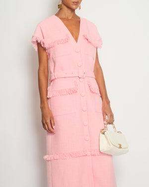 Huishan Zhang Pink Tweed Sleeveless Dress with Frilled Pockets 
Belt Details FR 40 (UK 12)