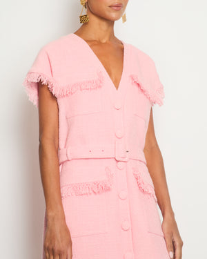 Huishan Zhang Pink Tweed Sleeveless Dress with Frilled Pockets 
Belt Details FR 40 (UK 12)