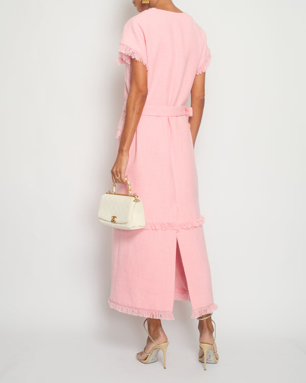 Huishan Zhang Pink Tweed Sleeveless Dress with Frilled Pockets 
Belt Details FR 40 (UK 12)