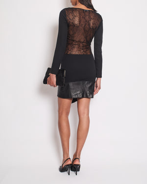 Gucci Black Long Sleeve Mini Dress with Leather Hem and Lace Back Detail Size IT 38 (UK 6)