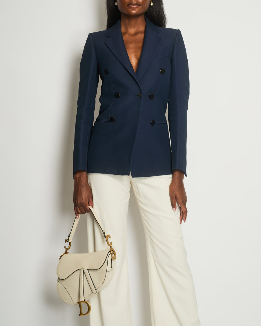 Celine Navy Double-Breasted Blazer with Lapel Detail Size FR 36 (UK 8)