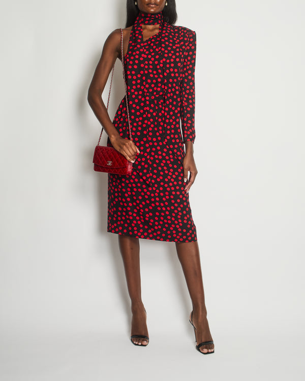 Saint Laurent Black, Red Polkadot Silk Off-Shoulder Midi Dress With Scarf Size FR 40 (UK 12)