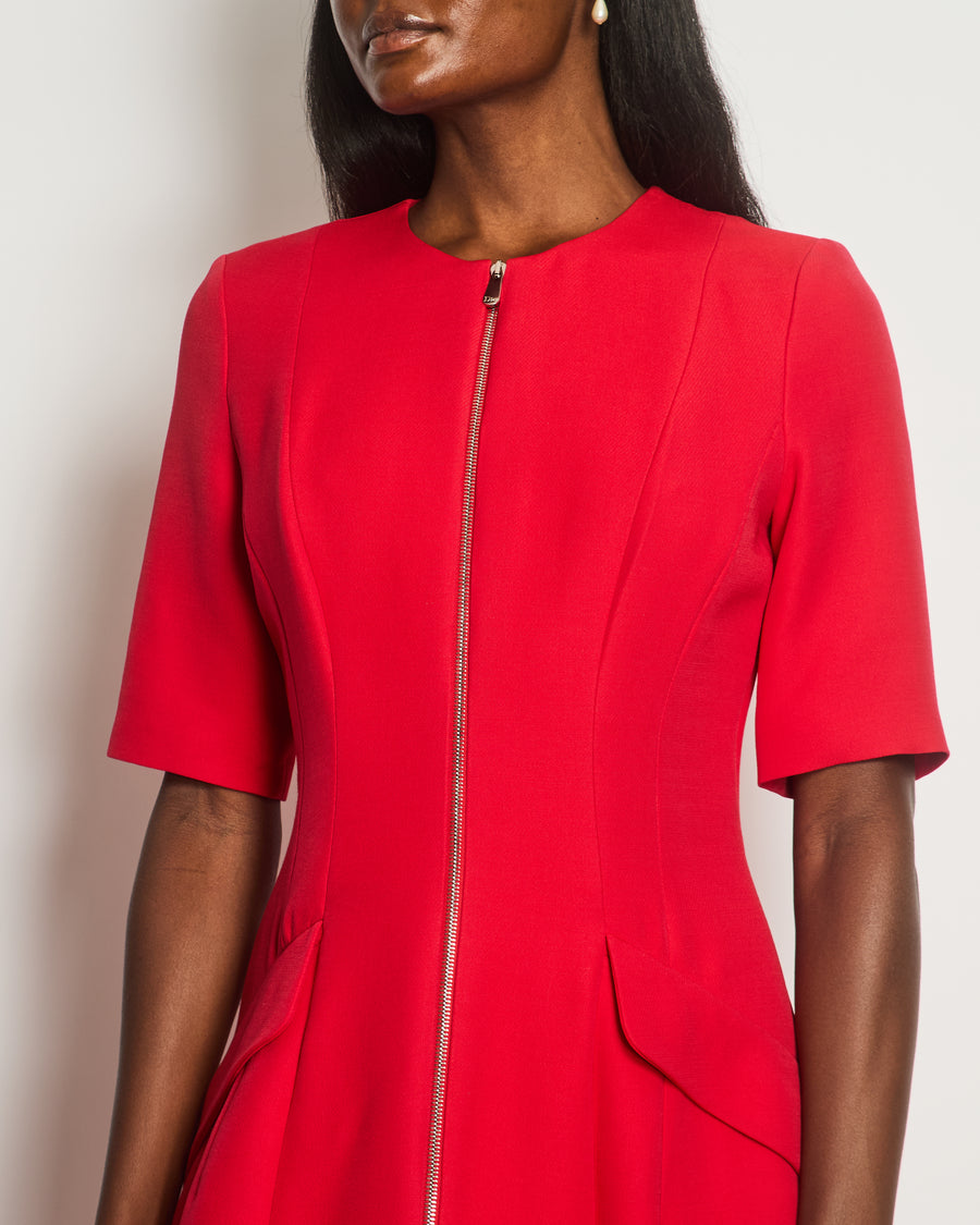 Christian Dior Red Short-Sleeve Wool Dress with Zip Front and Pocket Detail Size FR 40 (UK 12)