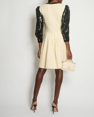 Gucci Cream Tweed Midi Dress With Decorative Buttons, Black Vinyl Sleeves Black Velvet Trim Size IT 40 (UK 8)