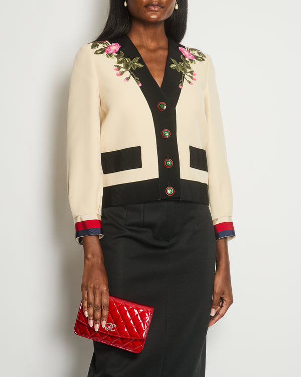 Gucci Cream Jacket with Floral Embroideries and Red 
Green GG Buttons Details Size IT 40 (UK 8)