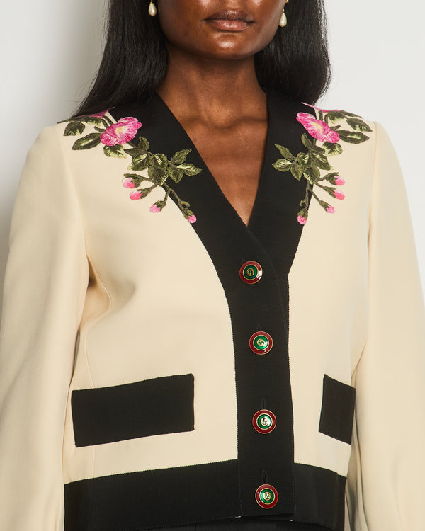 Gucci Cream Jacket with Floral Embroideries and Red 
Green GG Buttons Details Size IT 40 (UK 8)