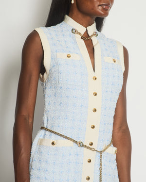 Gucci Spring / Summer 2019 Blue Tweed Dress with Gold Chain and Buttons Detail Size IT 40 (UK 8) RRP £3690