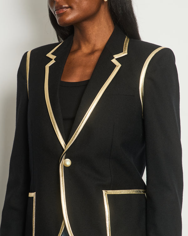 Saint Laurent Black Blazer with Metallic Gold Lapel 
Antique Gold Buttons Details Size FR 40 (UK 12)