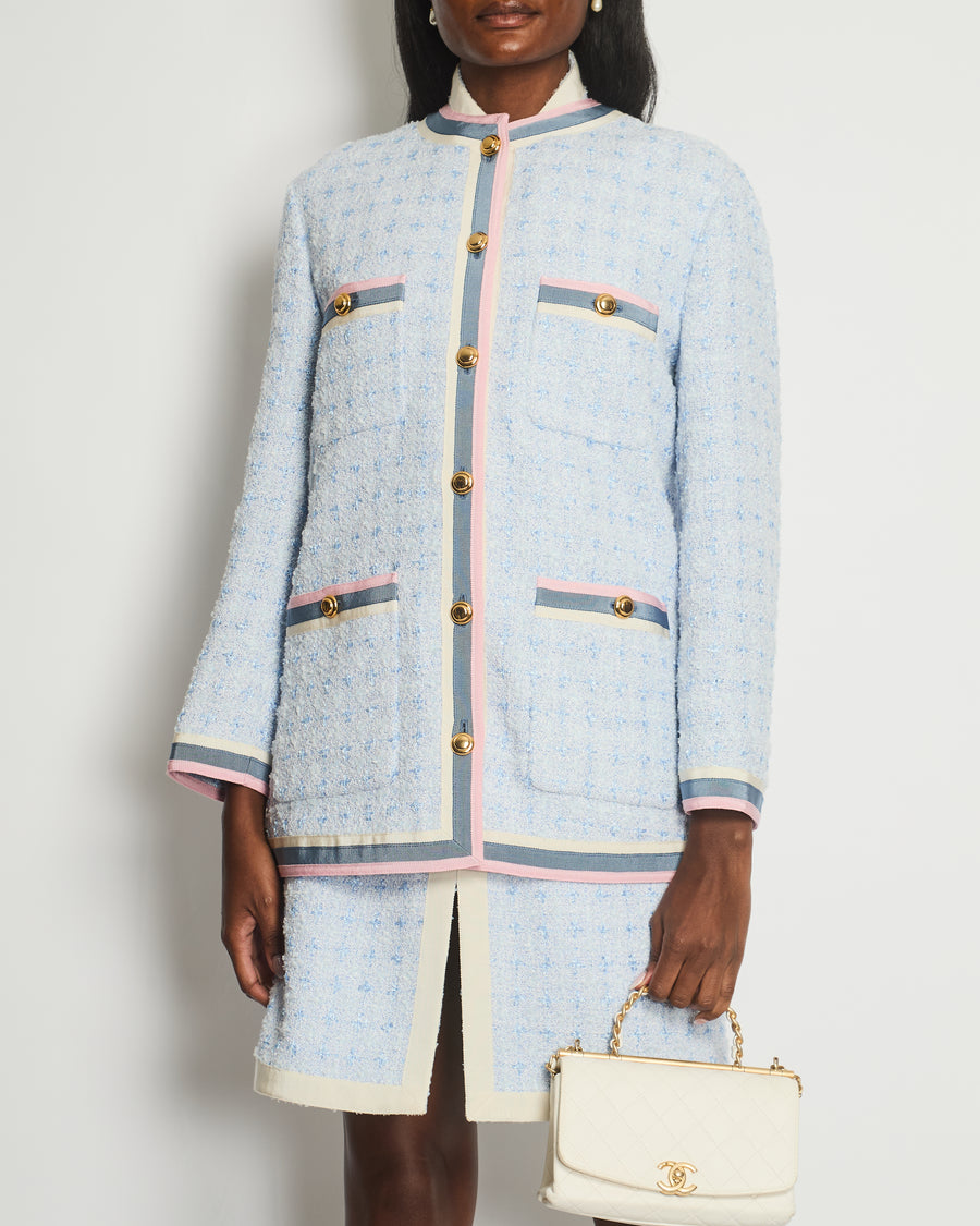 Gucci Spring / Summer 2018 Sky Blue Tweed Long Jacket with Pink, Blue 
Cream Lapels and Gold Buttons Details Size IT 38 (UK 6)