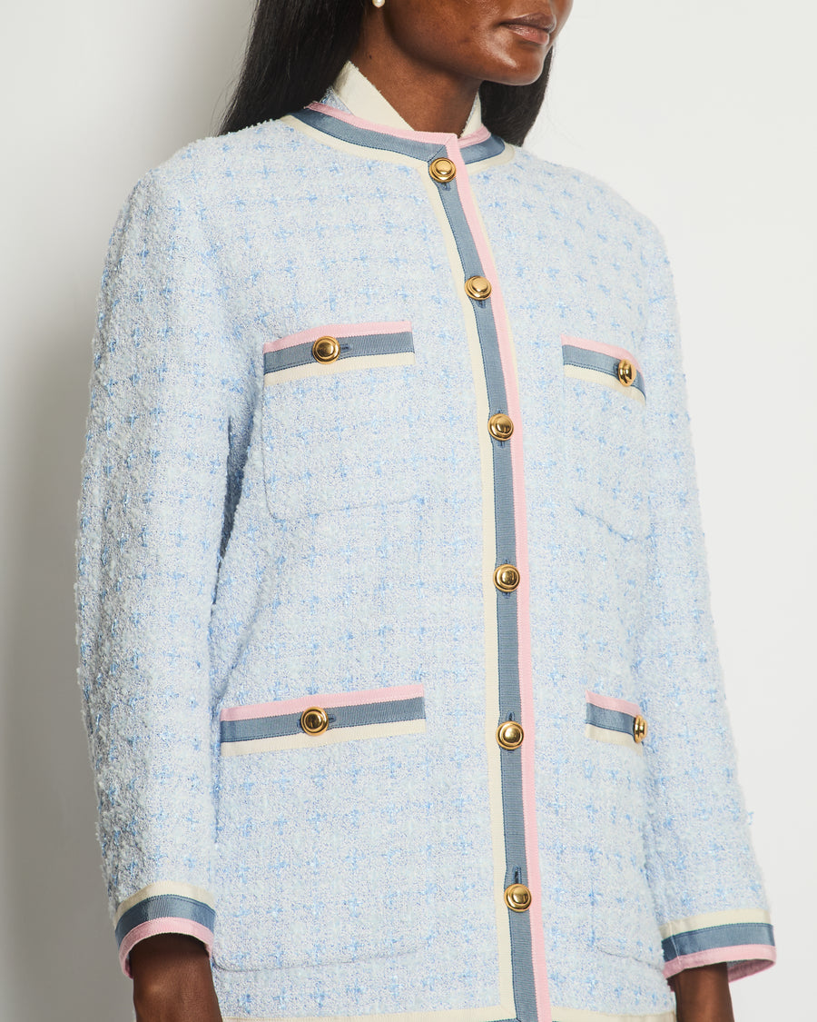 Gucci Spring / Summer 2018 Sky Blue Tweed Long Jacket with Pink, Blue 
Cream Lapels and Gold Buttons Details Size IT 38 (UK 6)