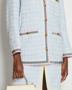 Gucci Spring / Summer 2018 Sky Blue Tweed Long Jacket with Pink, Blue 
Cream Lapels and Gold Buttons Details Size IT 38 (UK 6)