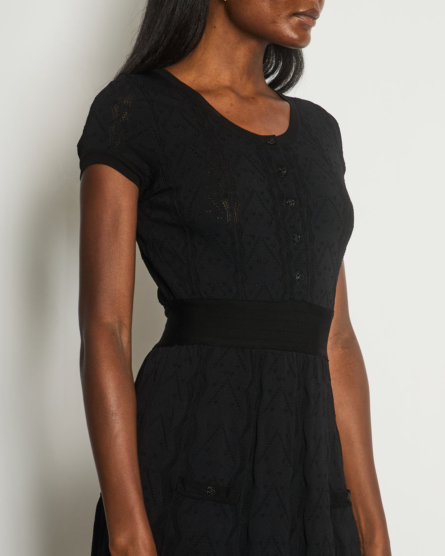 Chanel Black Short-Sleeve Knitted Crochet Knitted Dress with Black Crystal CC Buttons Size FR 40 (UK 12)