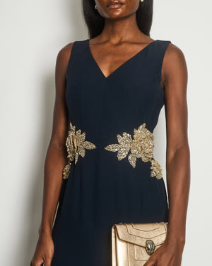 Alexander McQueen Navy Crepe Maxi Dress with Stone Applique Roses and Bias Skirt Size UK 12-14