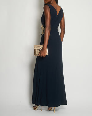 Alexander McQueen Navy Crepe Maxi Dress with Stone Applique Roses and Bias Skirt Size UK 12-14