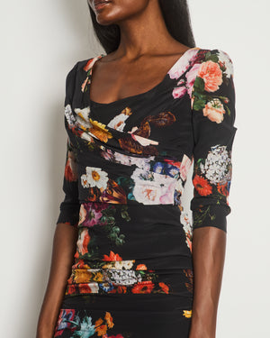 Dolce 
Gabbana Black Floral Ruched Mid Sleeve Midi Dress Size IT 40 (UK 8)