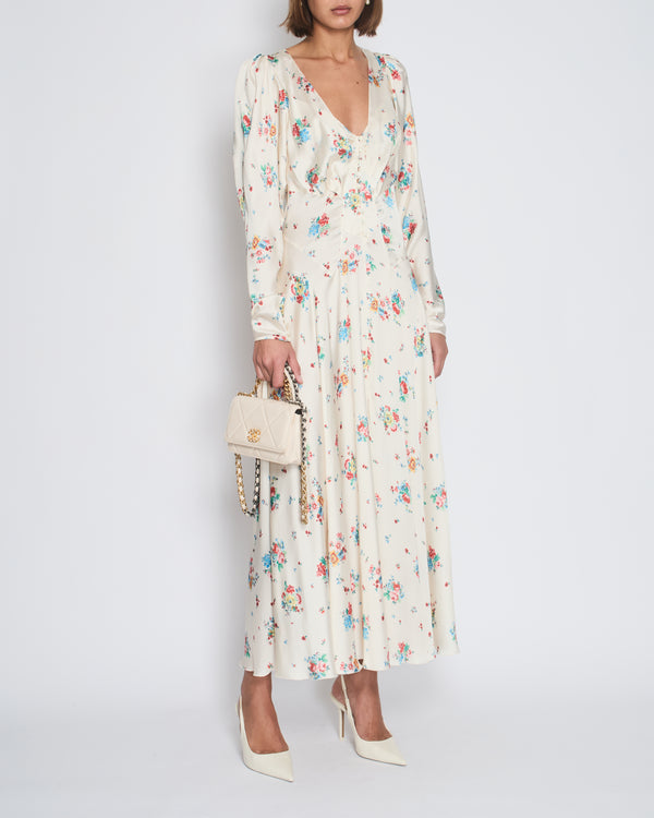 Paco Rabanne Cream Floral Long-Sleeve V-Neck Midi Dress with Button Detail Size FR 40 (UK 12)