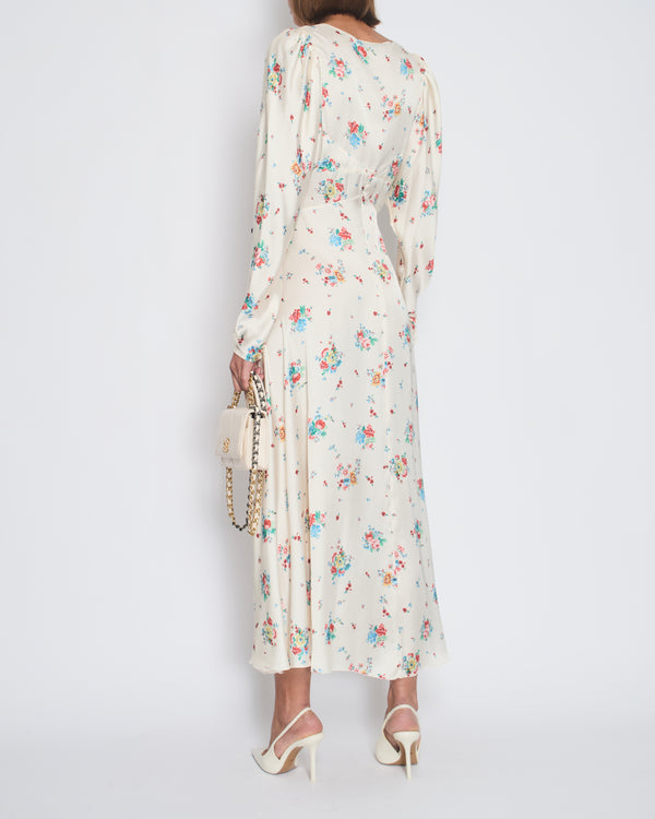 Paco Rabanne Cream Floral Long-Sleeve V-Neck Midi Dress with Button Detail Size FR 40 (UK 12)