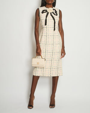 Gucci Cream, Navy 
Pink Tweed Sleeveless Dress with Flower and Bow Detail Size IT 42 (UK 10) RRP £2,295