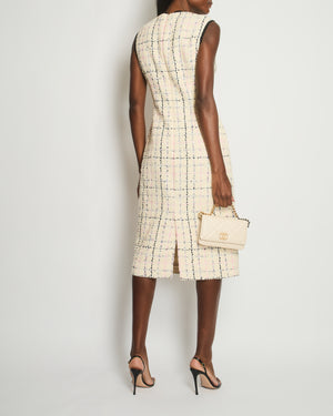 Gucci Cream, Navy 
Pink Tweed Sleeveless Dress with Flower and Bow Detail Size IT 42 (UK 10) RRP £2,295