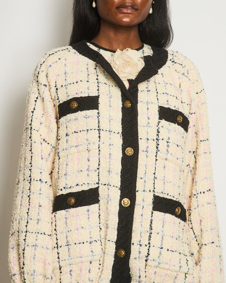 Gucci Cream 
Multicolour Long Tweed Jacket with Black Trim and Antique Gold Buttons Details Size IT 38 (UK 6)