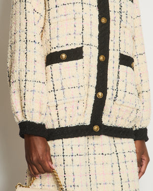 Gucci Cream 
Multicolour Long Tweed Jacket with Black Trim and Antique Gold Buttons Details Size IT 38 (UK 6)