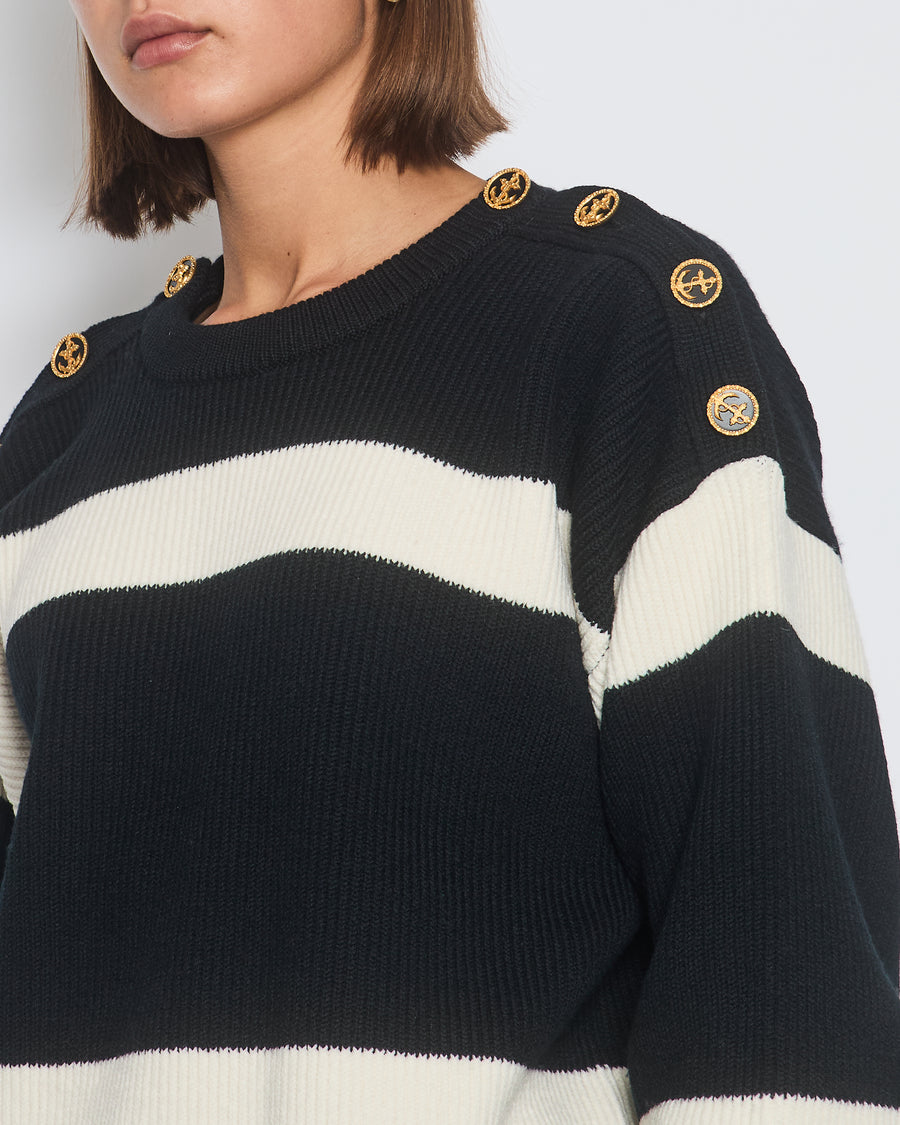 Louis Vuitton Black, White Stripe Knitted Jumper with Gold Anchor Button Detail Size XS (UK 6)