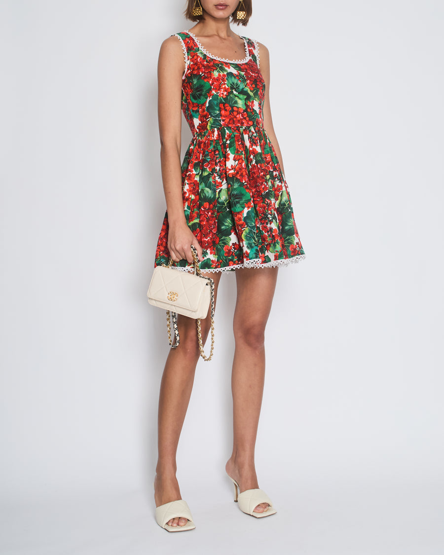 Dolce 
Gabbana Red Floral Mini Dress with Crochet Trim Detail IT 38 (UK 6)