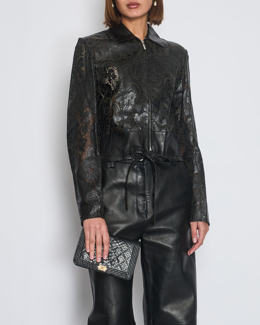 Christian Dior by John Galliano Laser Cut Leather Jacket with Tie Detail Size FR 38 (UK 10)