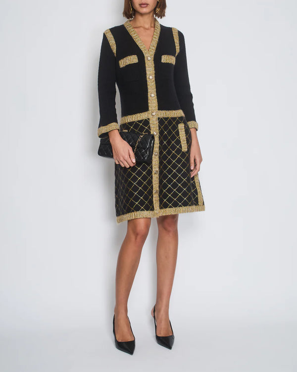 Chanel 15/A Black Cashmere Long Cardigan Dress with Yellow Trim Detail and Gold CC Buttons Size FR 34 (UK 6)