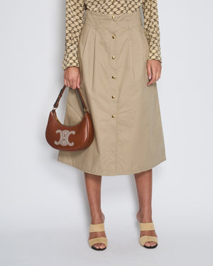 Celine Camel Cotton A Line Midi Skirt with Gold Buttoned Central Fastening Size FR 36 (UK 8)